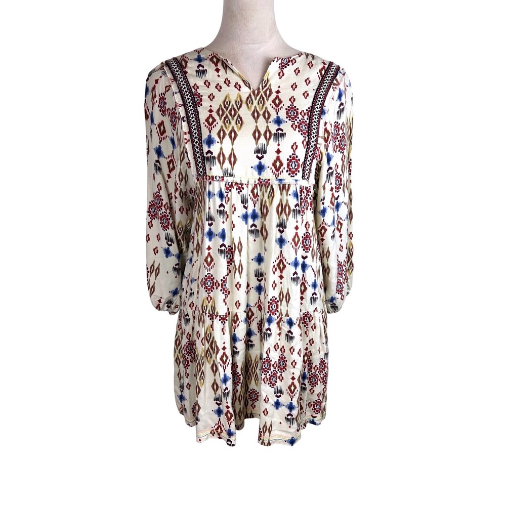 Zara Mini Dress Boho Ikat Print Tiered Cream Multicolor Girls Size 11-12